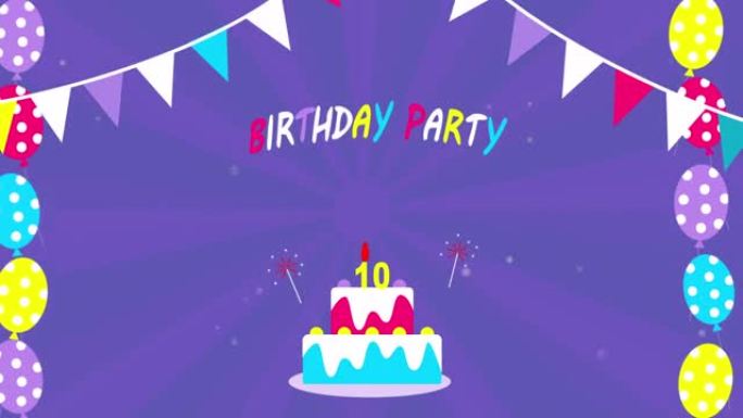 明亮的生日派对横幅动画与花环与旗帜，蛋糕和气球。十周年生日快乐动画。4 k决议。