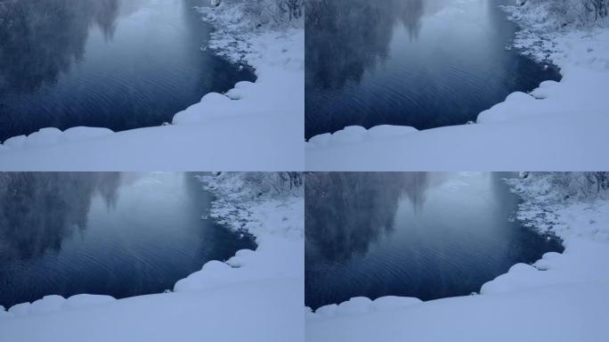 来自寒冷冬季河流的蒸汽的静态视图