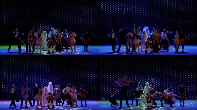 穿着风景服装的非凡人物在剧院的舞台上跳舞