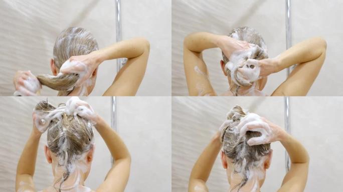 一位年轻女子沐浴在暖暖的淋浴下，用手按摩着她的头发。