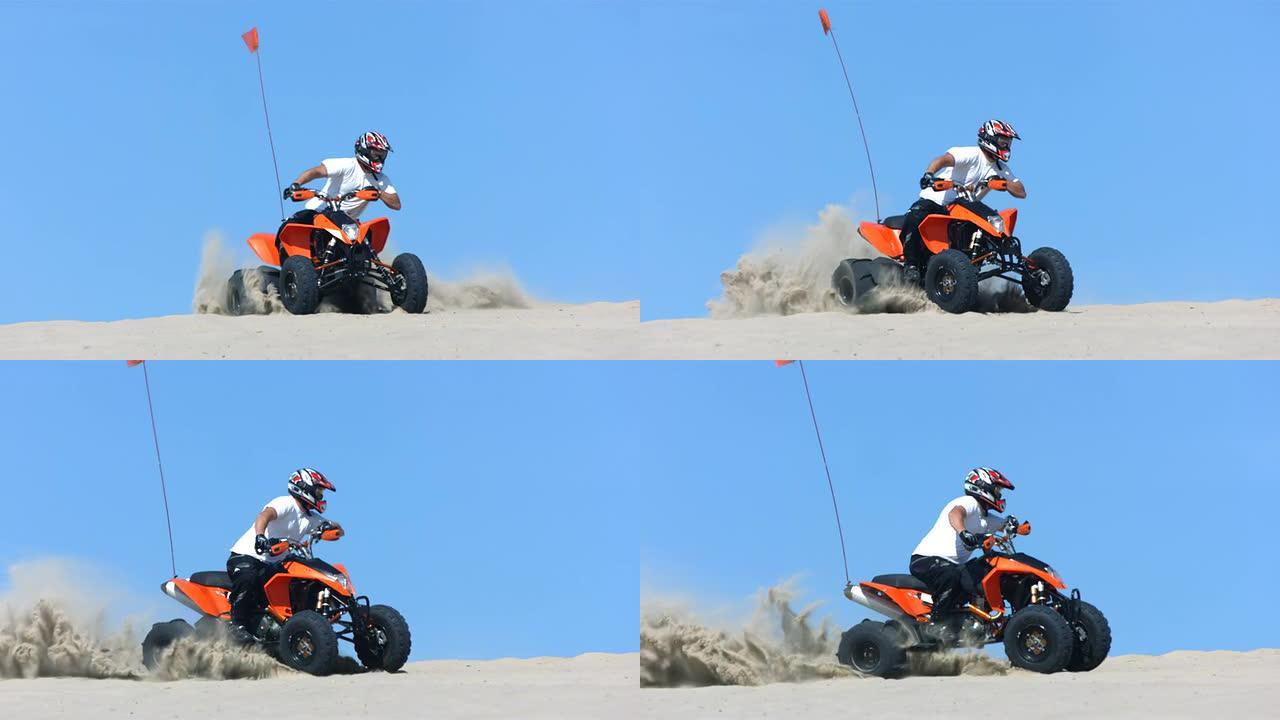 在沙滩上骑四轮摩托，慢动作