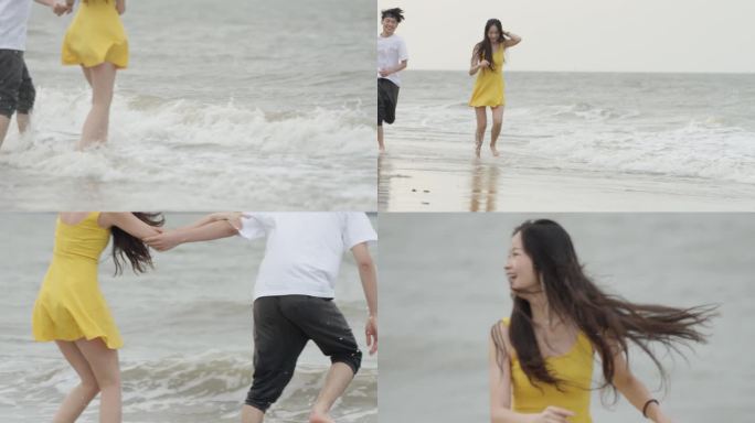 L情侣恋人海边牵手看海 沙滩玩耍散步奔跑