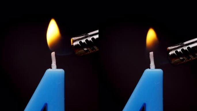 4k镜头前视图，燃烧四号生日蜡烛，黑色背景上有火