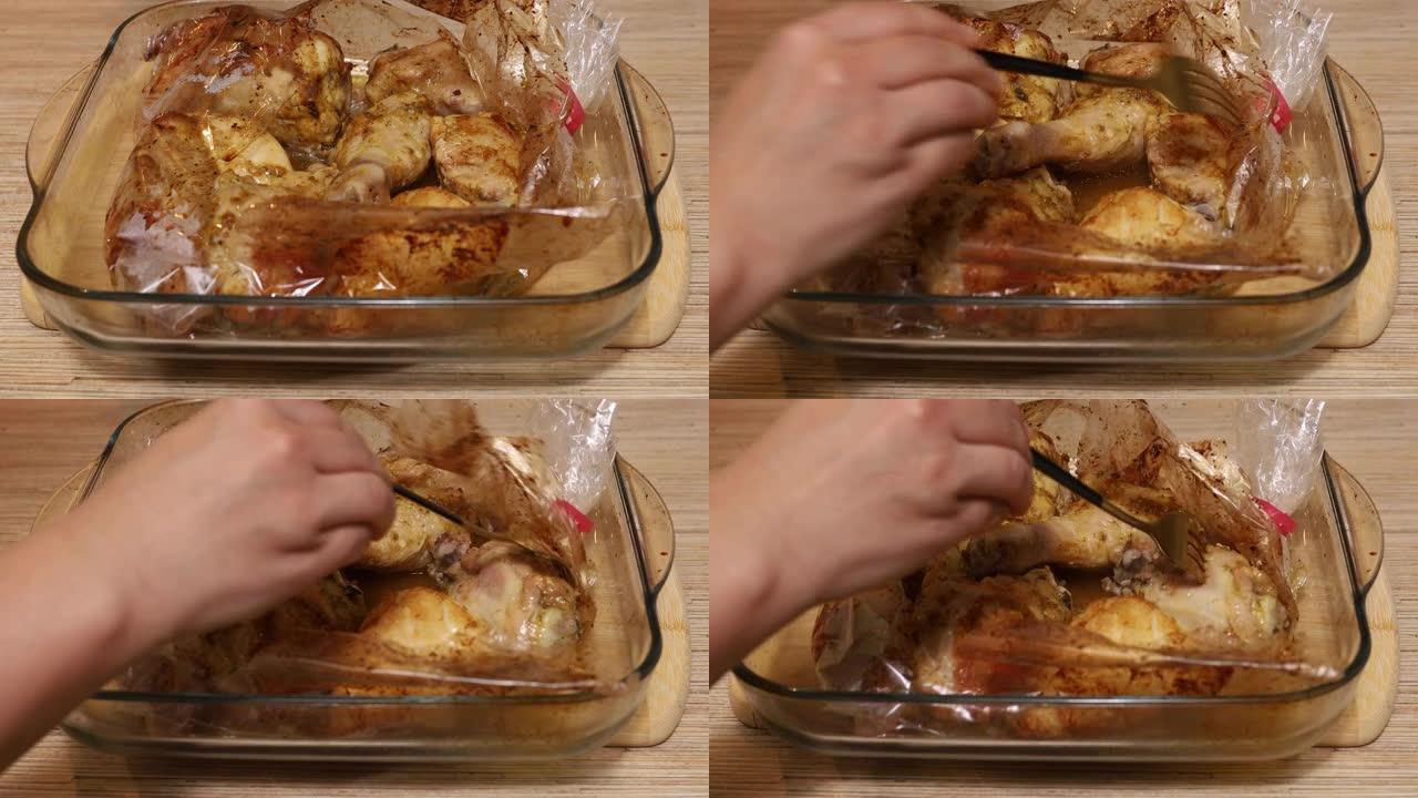 视频手把塑料烤套和炒辣鸡肉放在玻璃碗里，用叉子品尝食物切片