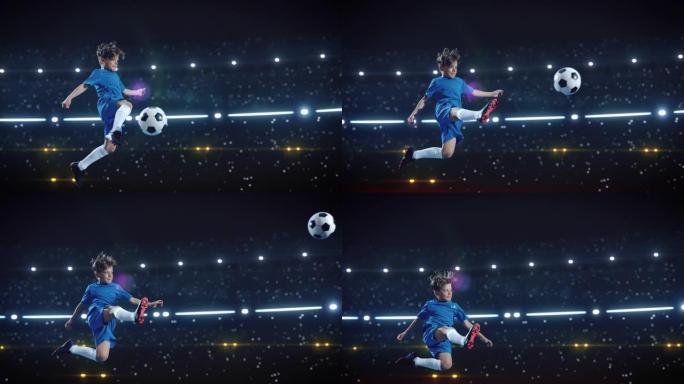 运动儿童足球运动员在聚光灯下在黑色背景上空中跳跃和踢球的美学镜头。超级慢动作捕捉到一个男孩打进漂亮的
