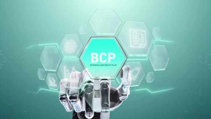 BCP业务连续性计划机器人手触摸，触摸未来，界面技术，用户体验的未来，旅程和技术概念，数字屏幕界面