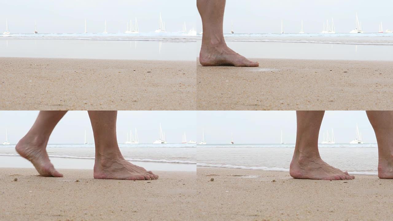 沿着沙滩行走的脚的细节