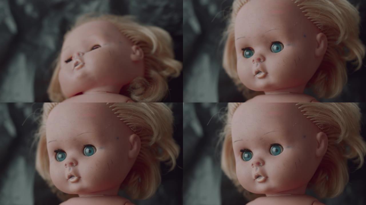 可怕的娃娃抽搐眼睛特写镜头