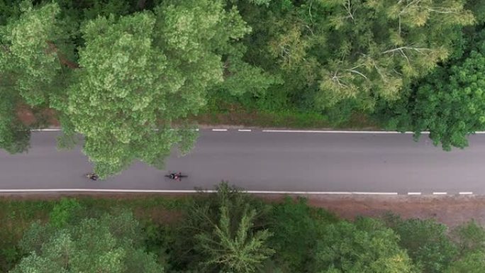 专业自行车手在乡村公路森林骑行的鸟瞰图。夏日的运动训练锻炼。健康的生活方式。对骑自行车穿过森林路的骑