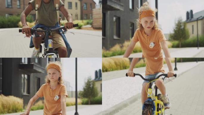 两个不同的小孩骑自行车聊天