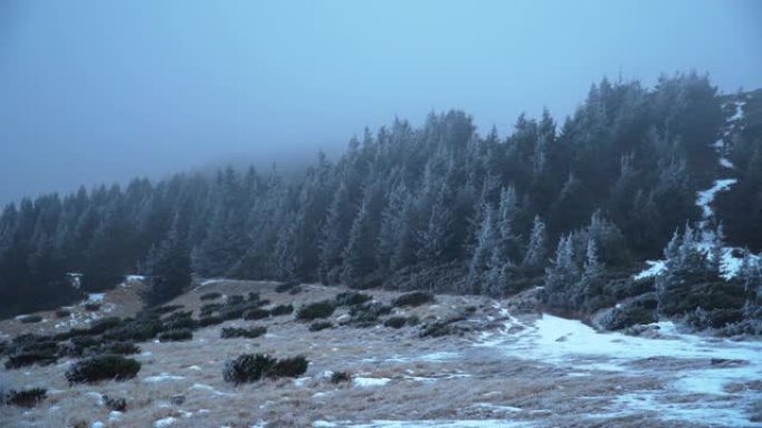 雪，云和雾在下面滚动的山脉的风景