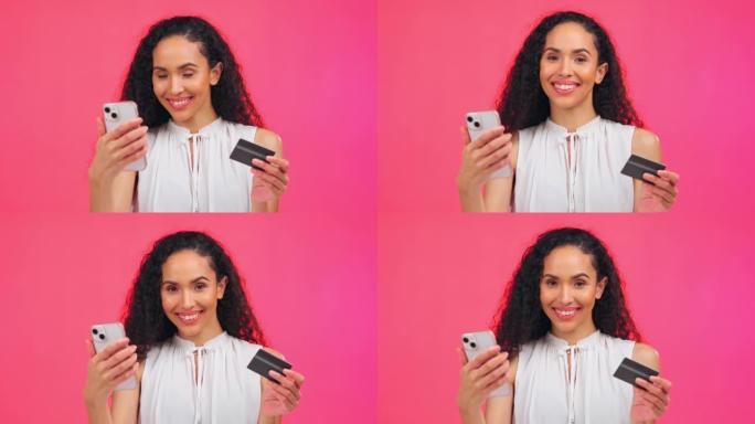 信用卡，在线购物和工作室中的黑人女性的脸，用于广告，空间和粉红色背景。电子商务，应用程序和使用借记卡