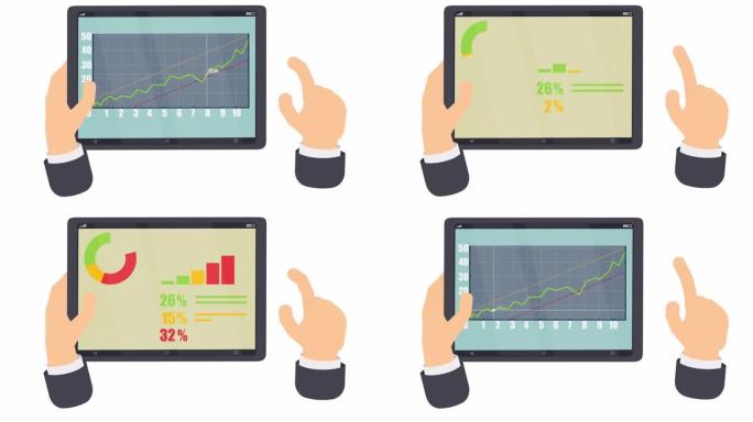 平板电脑上的报告。动画的信息图表指标和结果。卡通