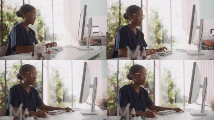 医院办公室一位美丽的黑人女性医疗保健专业人员在计算机上工作的肖像。诊所护士长正在在线指定处方，更新电