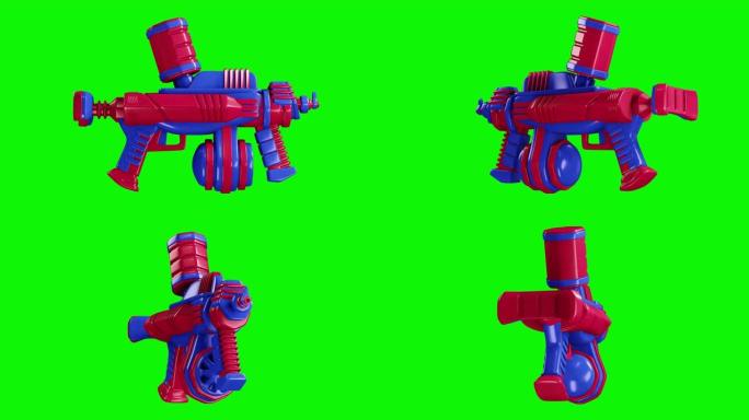 在泼水节假期中，蓝色和粉红色的塑料水手枪以3D渲染动画的形式显示在绿色屏幕上。