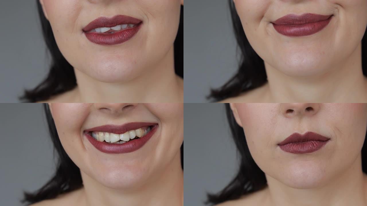 面目全非的女人露出脸的下半部分。重点是牙医制作的雪白牙齿。美的概念。