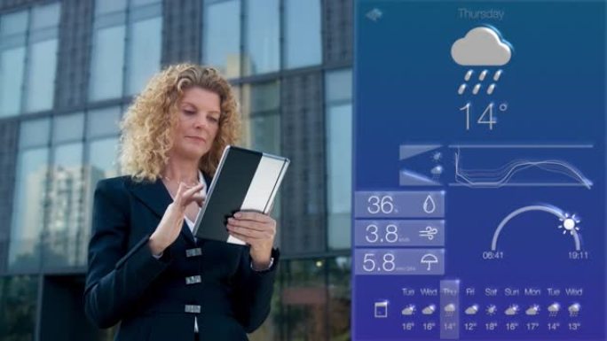 DS成熟的女商人在现代商业大楼前的数字平板电脑上使用天气应用程序
