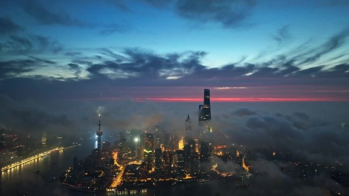 上海航拍夜景日出航拍中国上海平流雾