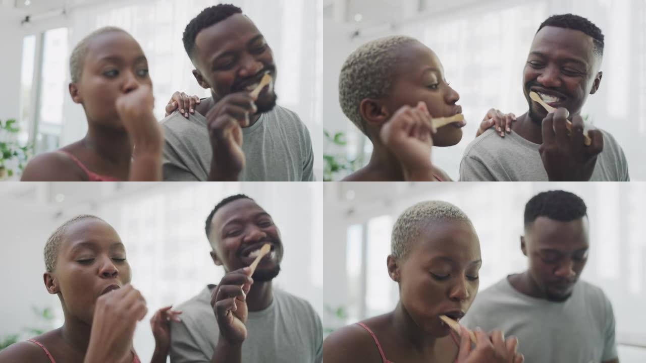 刷牙，爱和黑人夫妇在浴室用牙刷早上例行，牙齿护理和健康。微笑、约会和男人和女人用牙膏口腔卫生、健康和