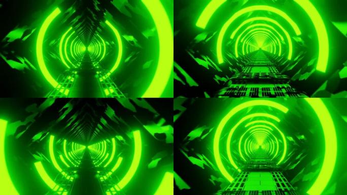 在无缝循环3D渲染运动中描绘了带有霓虹灯的科幻走廊隧道