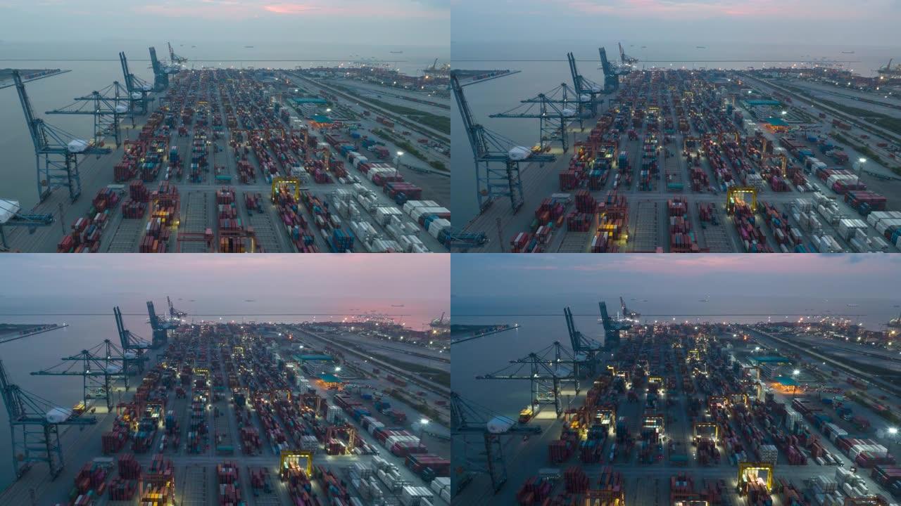 深海港货船装卸的空中俯视图。