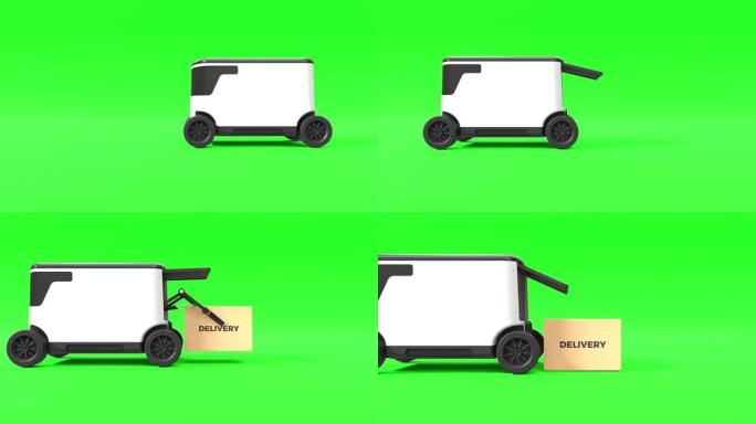 自动驾驶送货，机器人正在送货，绿色屏幕上的自动送货机器人