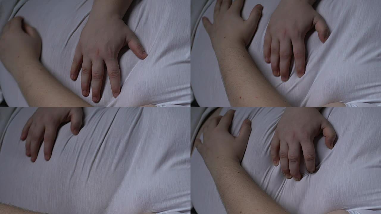 生病的胖子感到胃部不适，用手按摩，保健身体