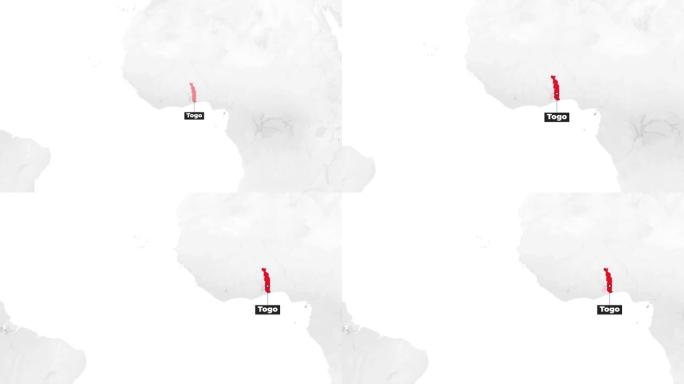 显示多哥的世界地图。从上方放大。国家红色在地图上突出显示。