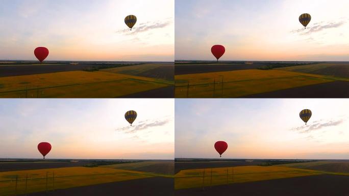情侣气球飞越田野和电缆，国家发展