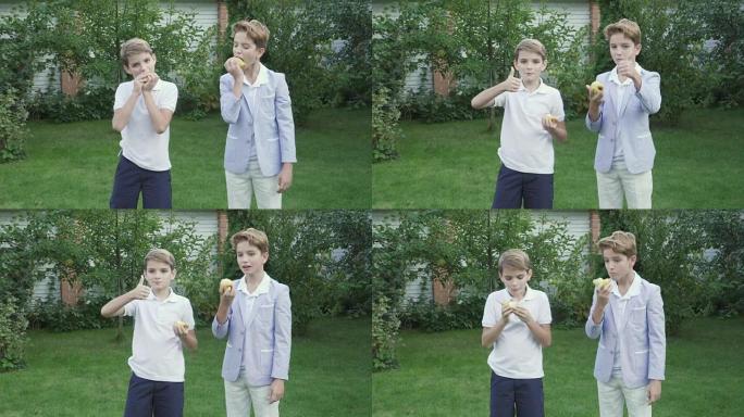 两个小男孩在花园里吃梨