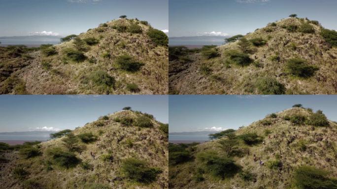 一群徒步旅行的游客在东非攀登一座绿山的4k无人机视图。