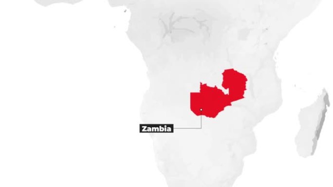 世界地图显示赞比亚。从上面放大。地图上用红色标出了国家。