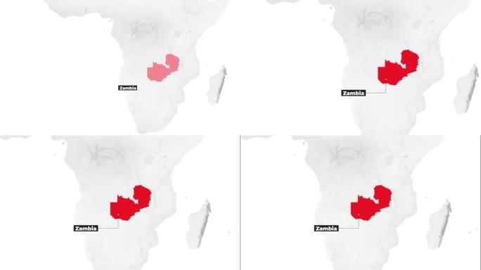 世界地图显示赞比亚。从上面放大。地图上用红色标出了国家。