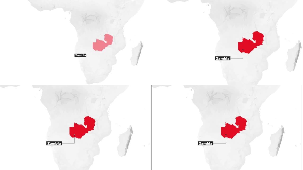 世界地图显示赞比亚。从上面放大。地图上用红色标出了国家。