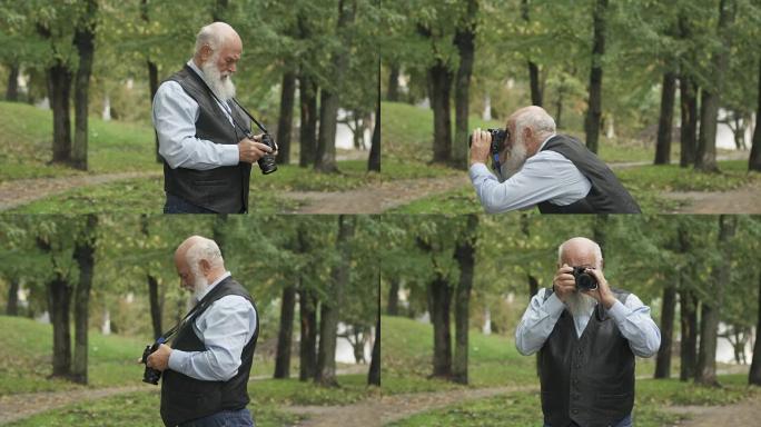 老人在公园里拍摄大自然的照片