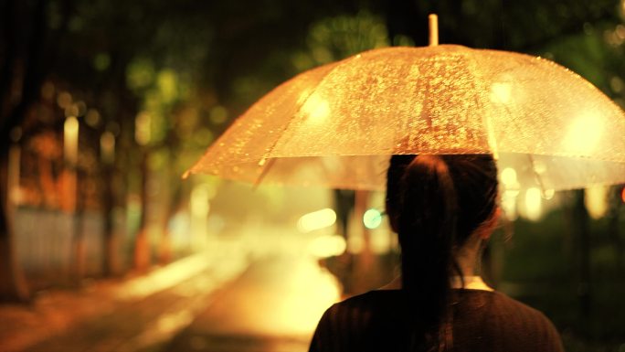 夜晚雨中打伞的行人