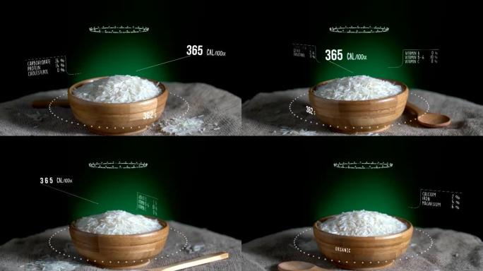 含有维生素、微量元素矿物质的长粒大米信息图。能量、卡路里和成分