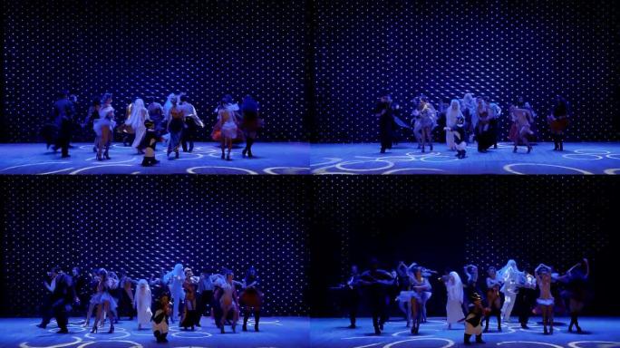 不同的疯狂英雄在现代剧院的舞台上跳舞