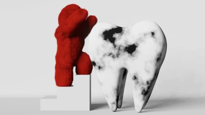 牙痛红色毛茸茸的雪人怪物抓磨牙3D动画。急性疼痛敏感性龋齿细菌感染牙髓炎牙科诊所广告疼痛疼痛发炎智齿