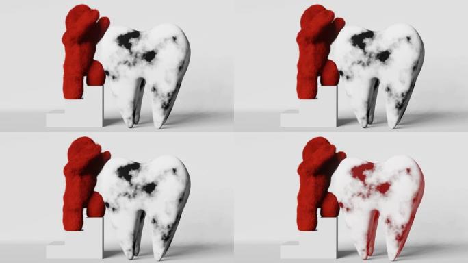 牙痛红色毛茸茸的雪人怪物抓磨牙3D动画。急性疼痛敏感性龋齿细菌感染牙髓炎牙科诊所广告疼痛疼痛发炎智齿