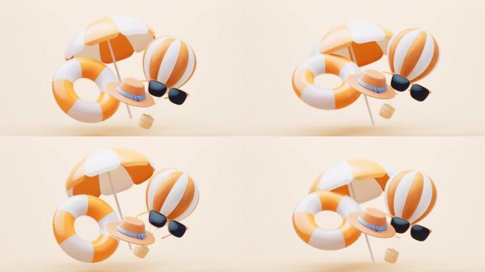沙滩伞和度假村主题的循环动画，3d渲染。