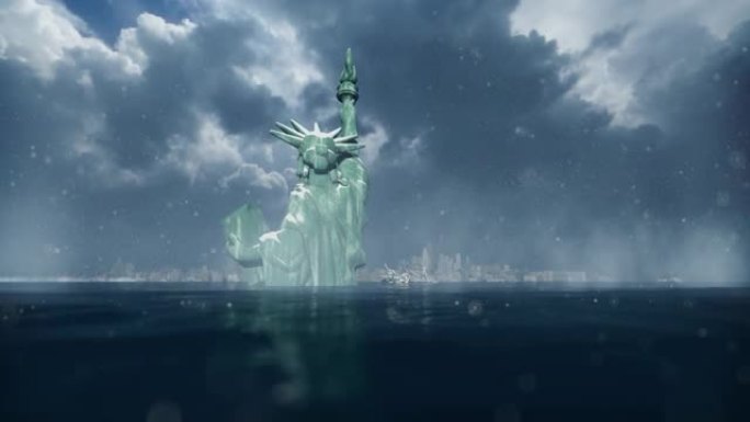 在暴风雪中被淹没的自由女神像和纽约天际线的3D动画