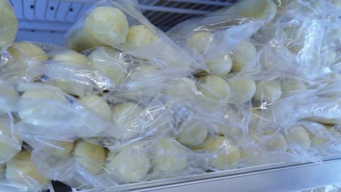 冷冻食品放在家用冰柜的架子上，长寿命食品储存概念。选择性聚焦