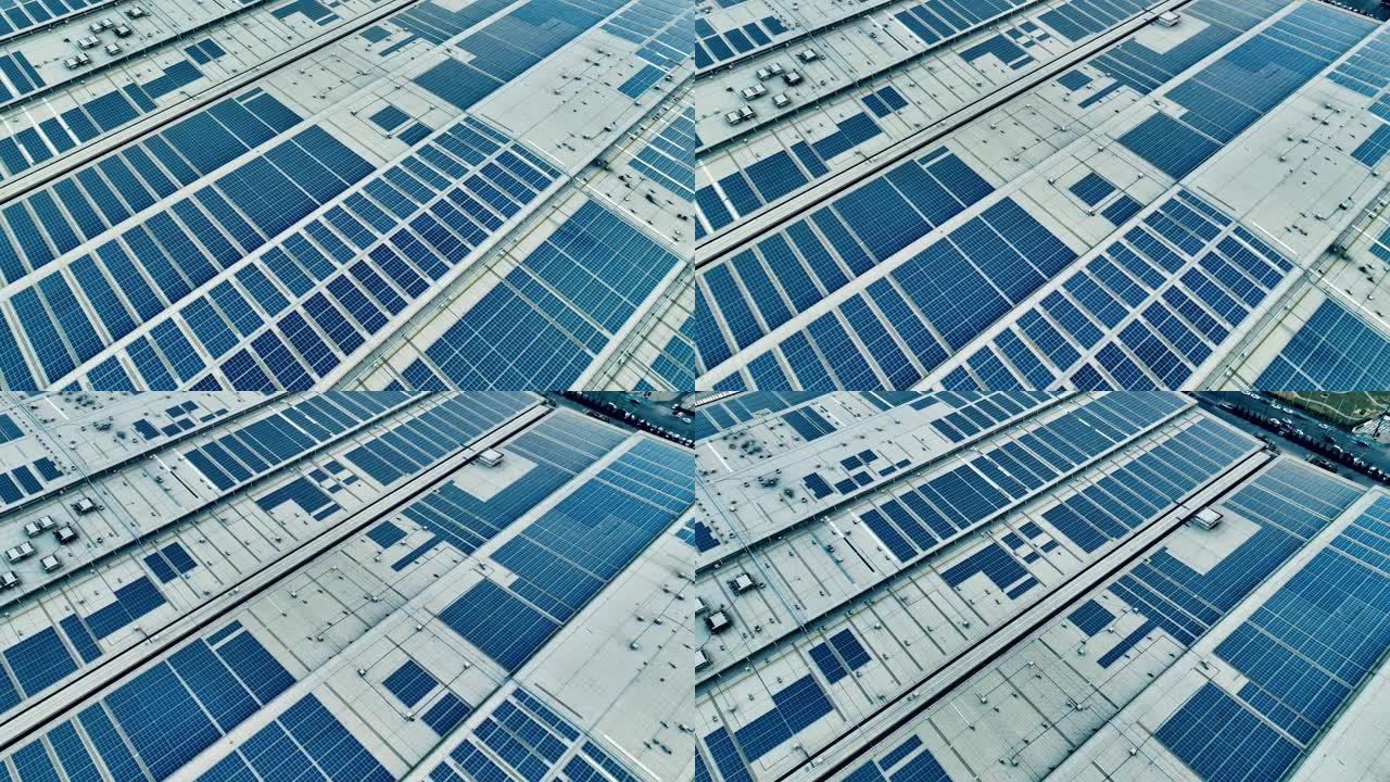 工厂建筑屋顶太阳能电池板的鸟瞰图