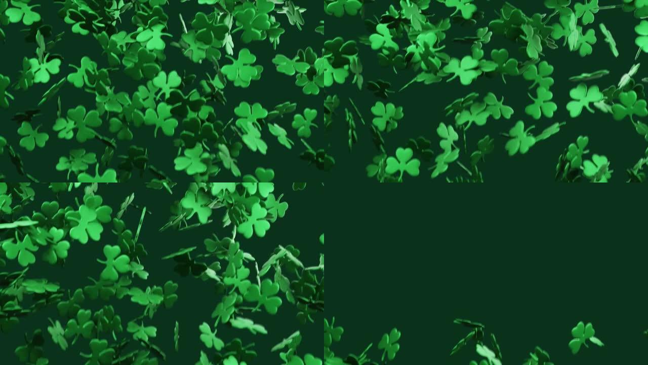 圣帕特里克节落下的绿色三叶草叶子的3d渲染动画