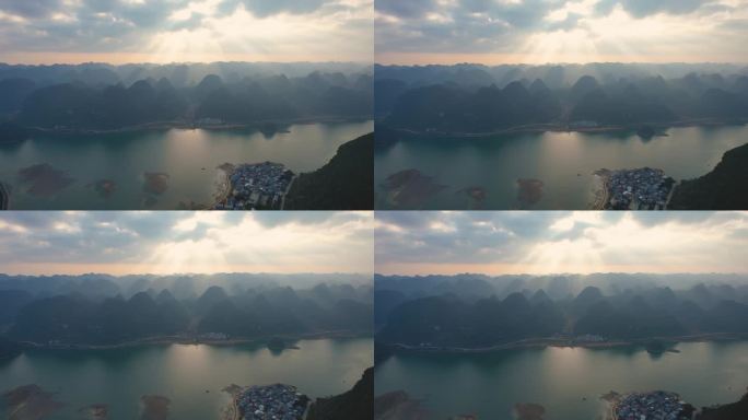 广西靖西渠洋湖自然风光喀斯特夕阳山水航拍