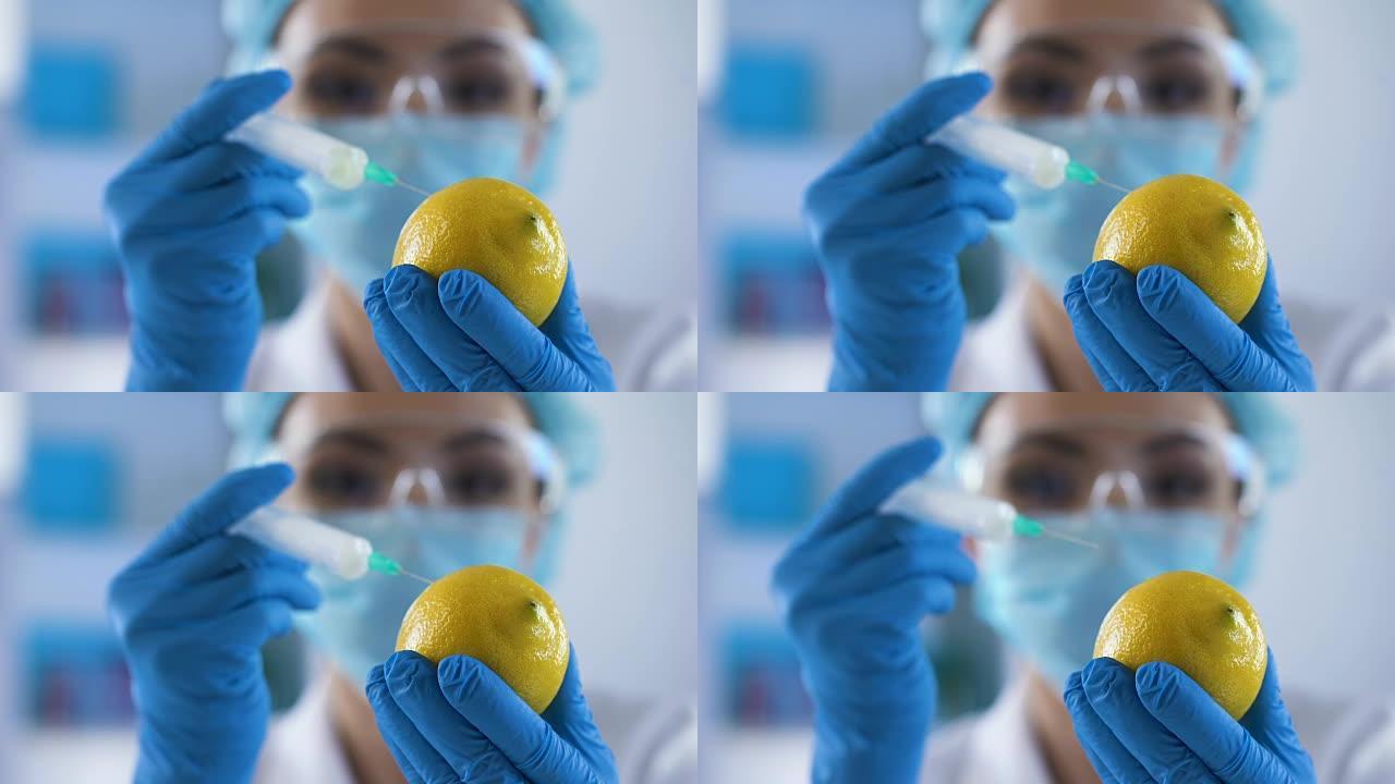 女研究员注射测试液体柠檬样品，毒理学实验