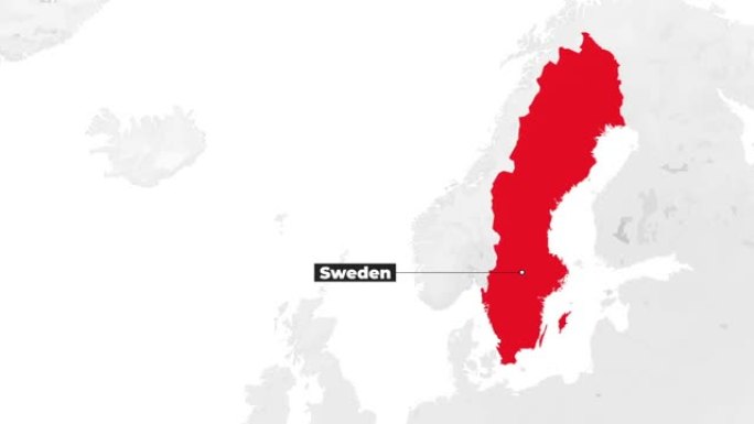显示瑞典的世界地图。从上方放大。国家红色在地图上突出显示。