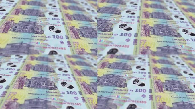 罗马尼亚列乌印刷机打印出当前列乌钞票，无缝环，罗马尼亚货币货币背景，4K，焦点深度平滑和Nice股票