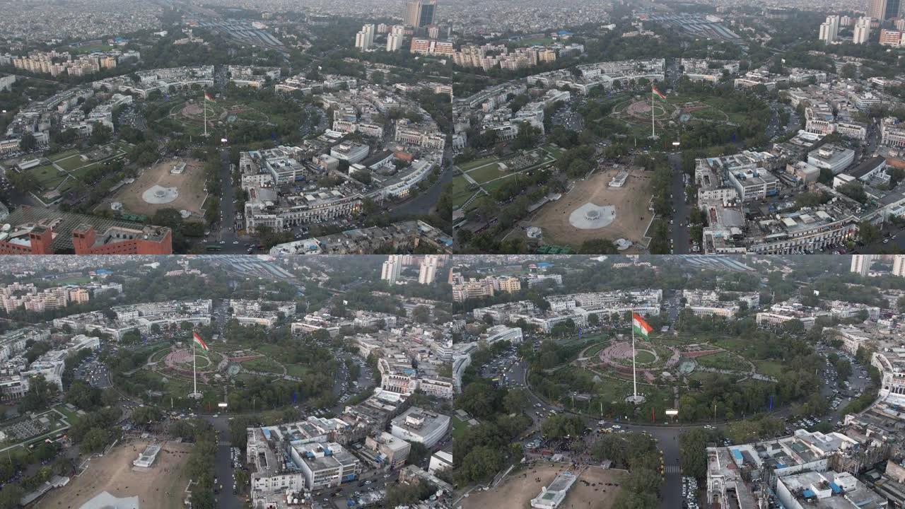印度新德里首都城市干诺特广场Cp的4k空中无人机拍摄巴拉肯巴路中央市场中央公园印度国旗内圈外圈